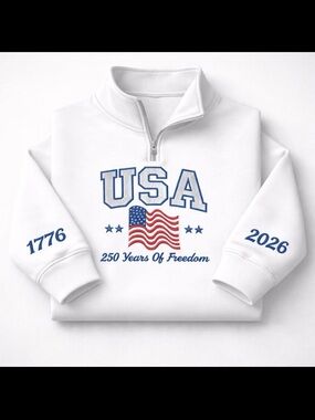 Jerzees White USA 250 Years Quarter-Zip Sweatshirt with Red & Blue Print size M